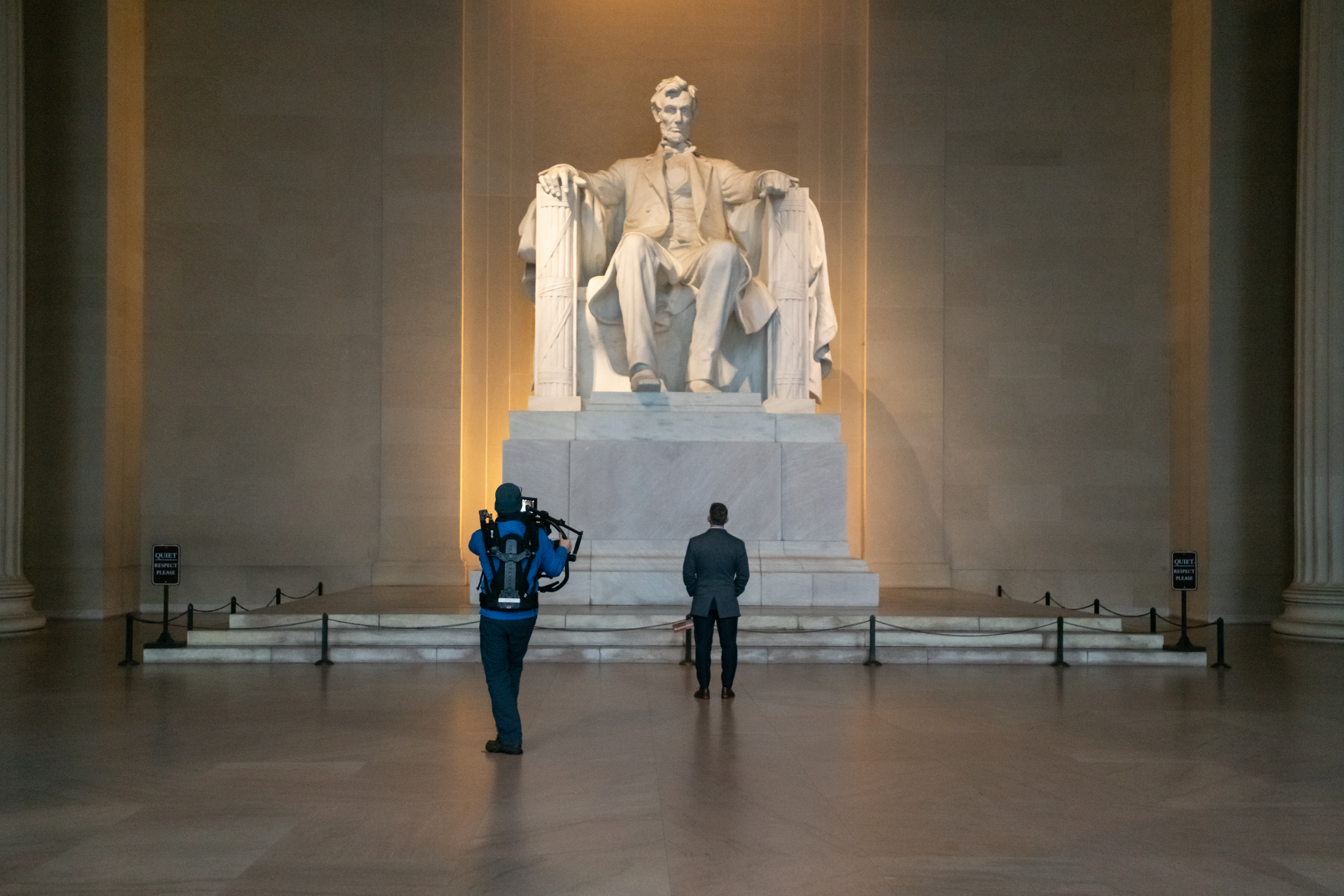On set at the Lincoln Memorial